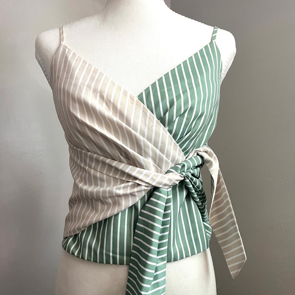 Mare Mare Anthropologie Green tan White Striped Camisole top wrap Small